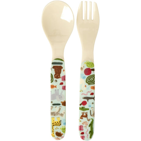 Rice Kids Melamine Skje Og Fork Med Wildlife Print - Mint