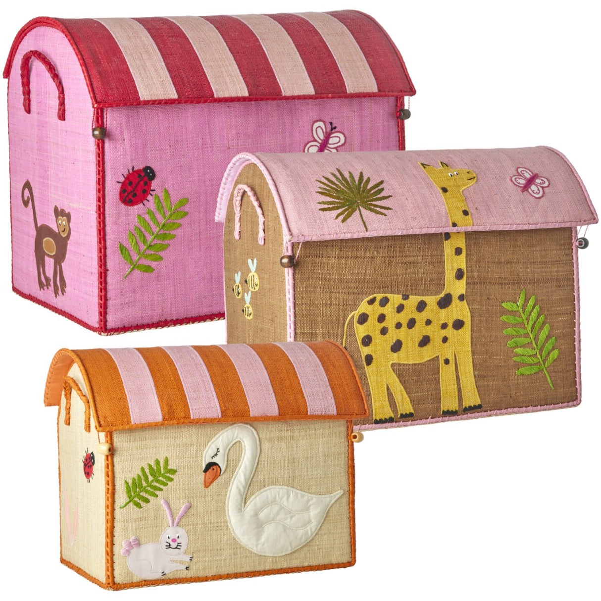 Rice Raffia Leketøy Baskets Med Wildlife Theme - Sett Of 3