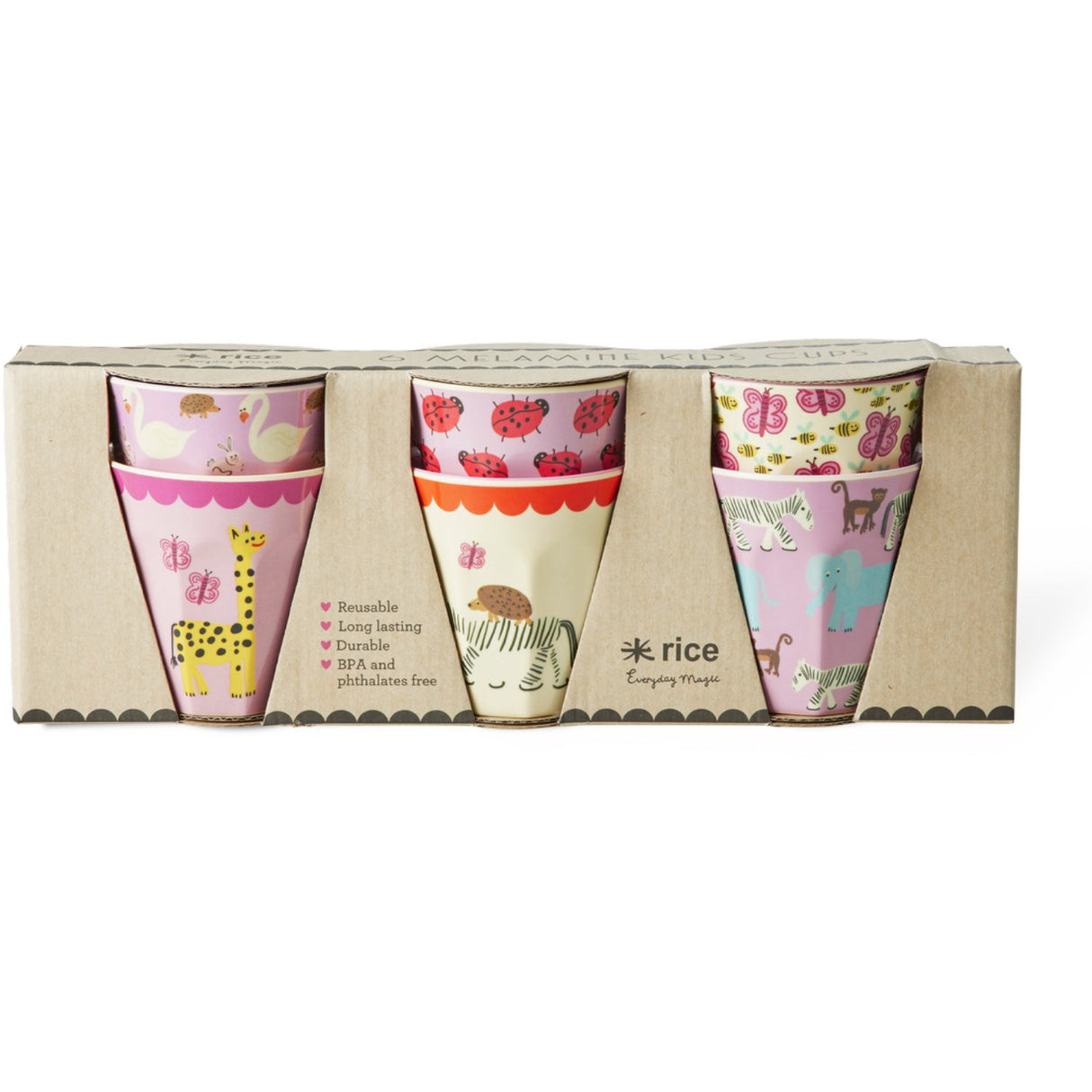 Rice Melamine Cups Med Wildlife Prints - Pink - Small - 6 Pack - 160 Ml