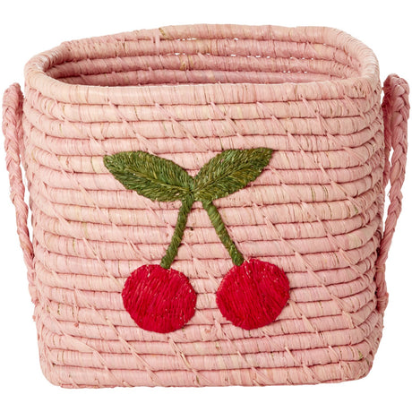 Rice Raffia Square Kurv Med Big Cherry Embroidery - Raffia Handles - Small