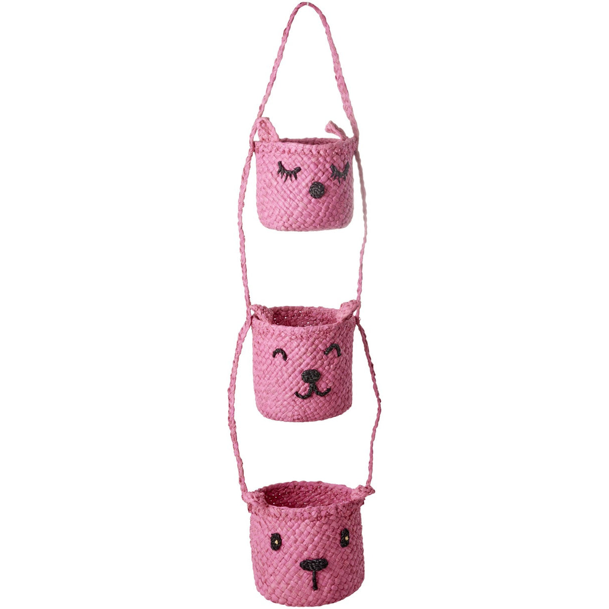 Rice Raffia 3-Tier Hanging Oppbevaring Med Animal Faces I Pink