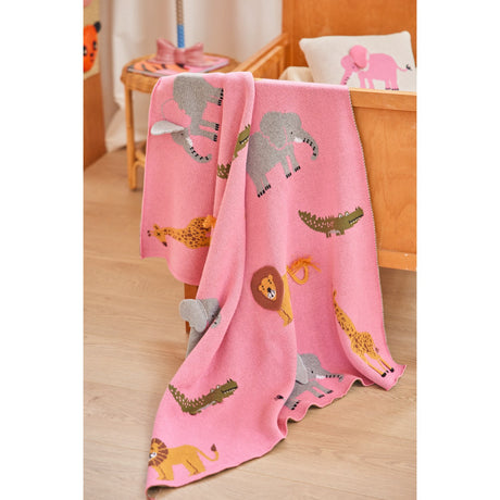 Rice Strikket Baby Teppe I Pink Med Animals Og 3D Details - Pink