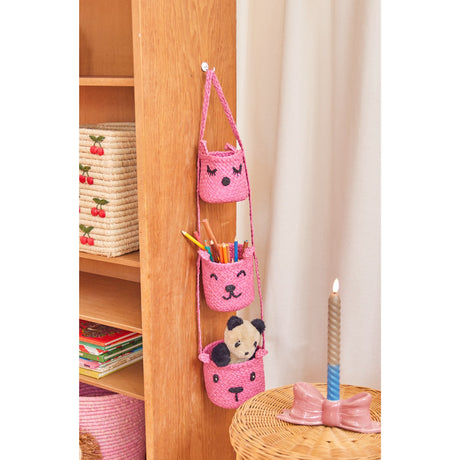 Rice Raffia 3-Tier Hanging Oppbevaring Med Animal Faces I Pink