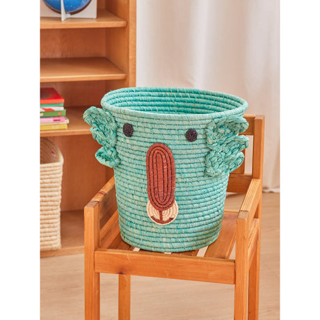 Rice Round Raffia Kurv Med Koala Head - Aqua