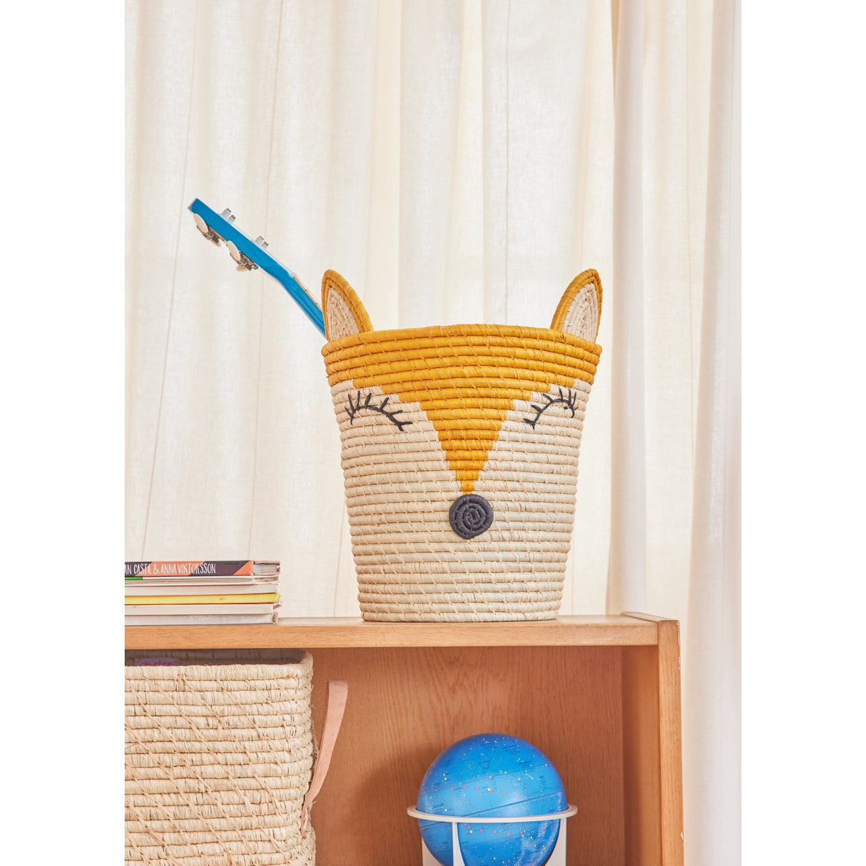 Rice Round Raffia Kurv Med Fox Head - Yellow