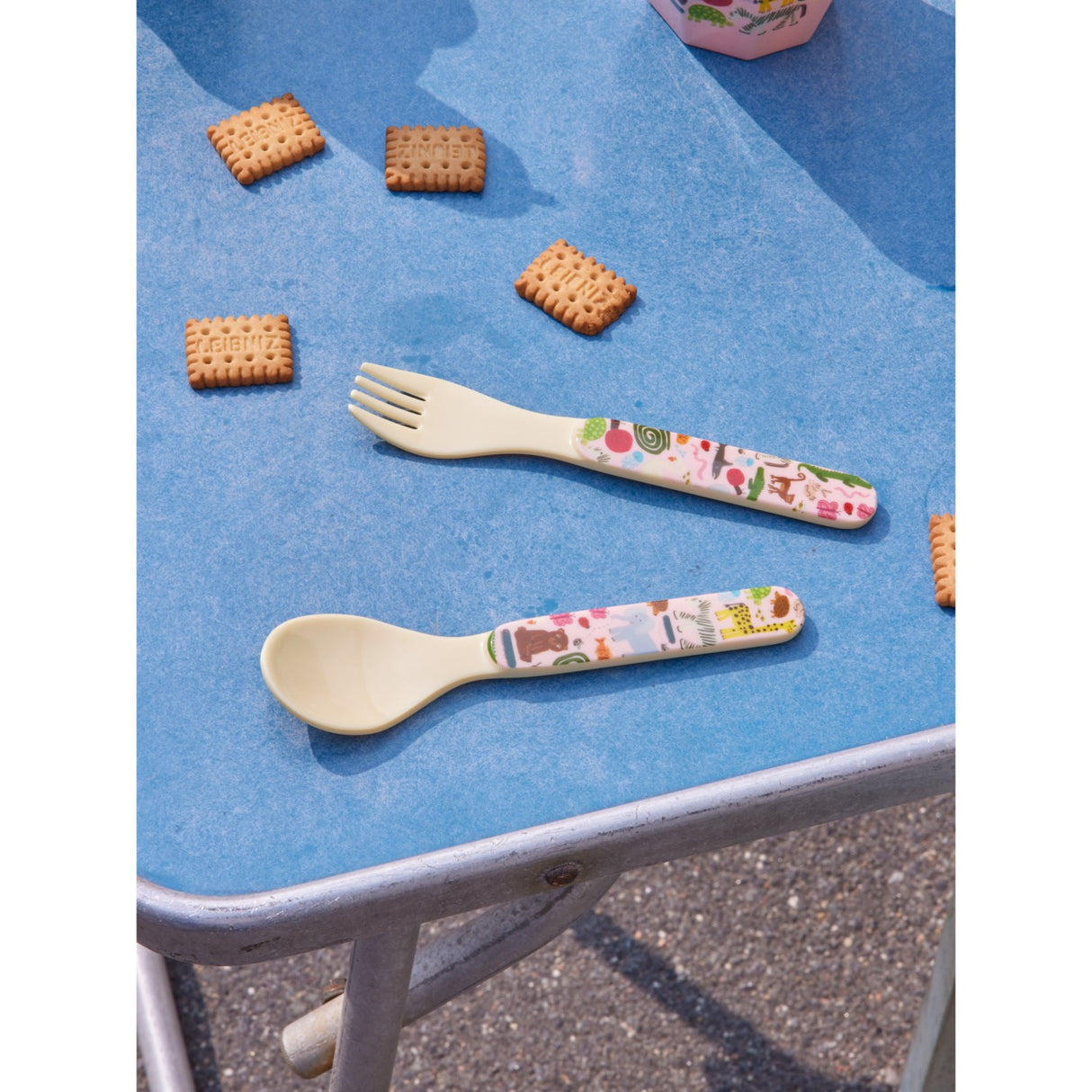 Rice Kids Melamine Skje Og Fork Med Wildlife Print - Pink