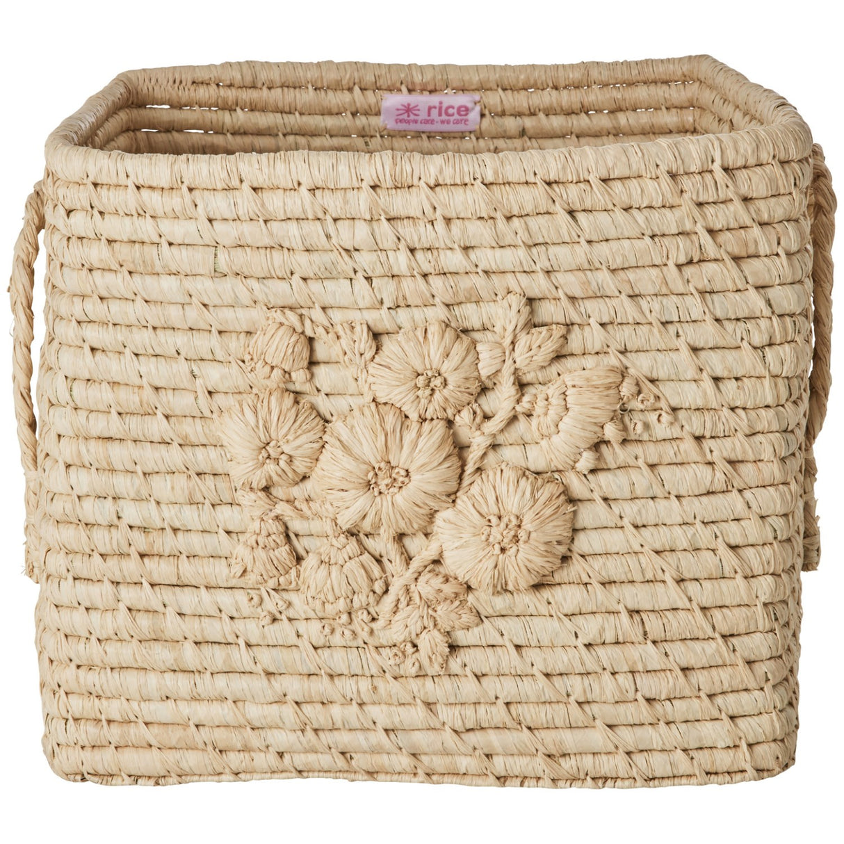 Rice Raffia Square Kurv I Nature Med Flower Embroidery - Raffia Handles