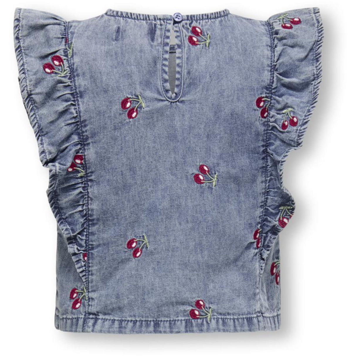 Kids ONLY MINI Medium Blue Denim Cherry Embroidery Dandy Frill Cherry Topp Denim