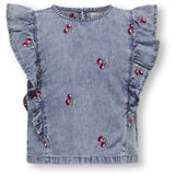 Kids ONLY MINI Medium Blue Denim Cherry Embroidery Dandy Frill Cherry Topp Denim