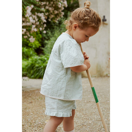 COPENHAGEN COLORS Green W Cream Stripe W. Dusty Rose Seersucker Bluse W. Contrast Edge
