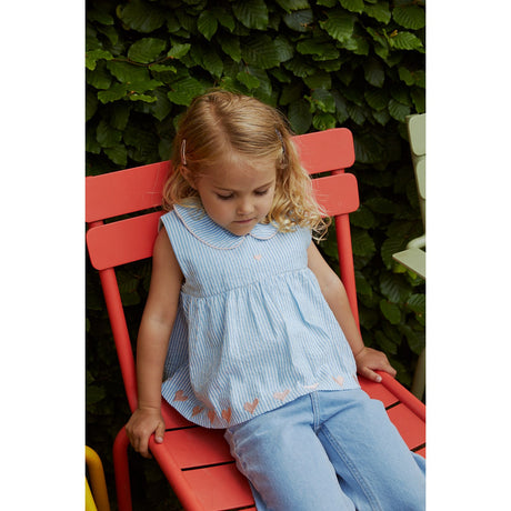 COPENHAGEN COLORS Sky Blue W Cream Stripe W. Soft Pink Seersucker Ss Bluse W. Hearts