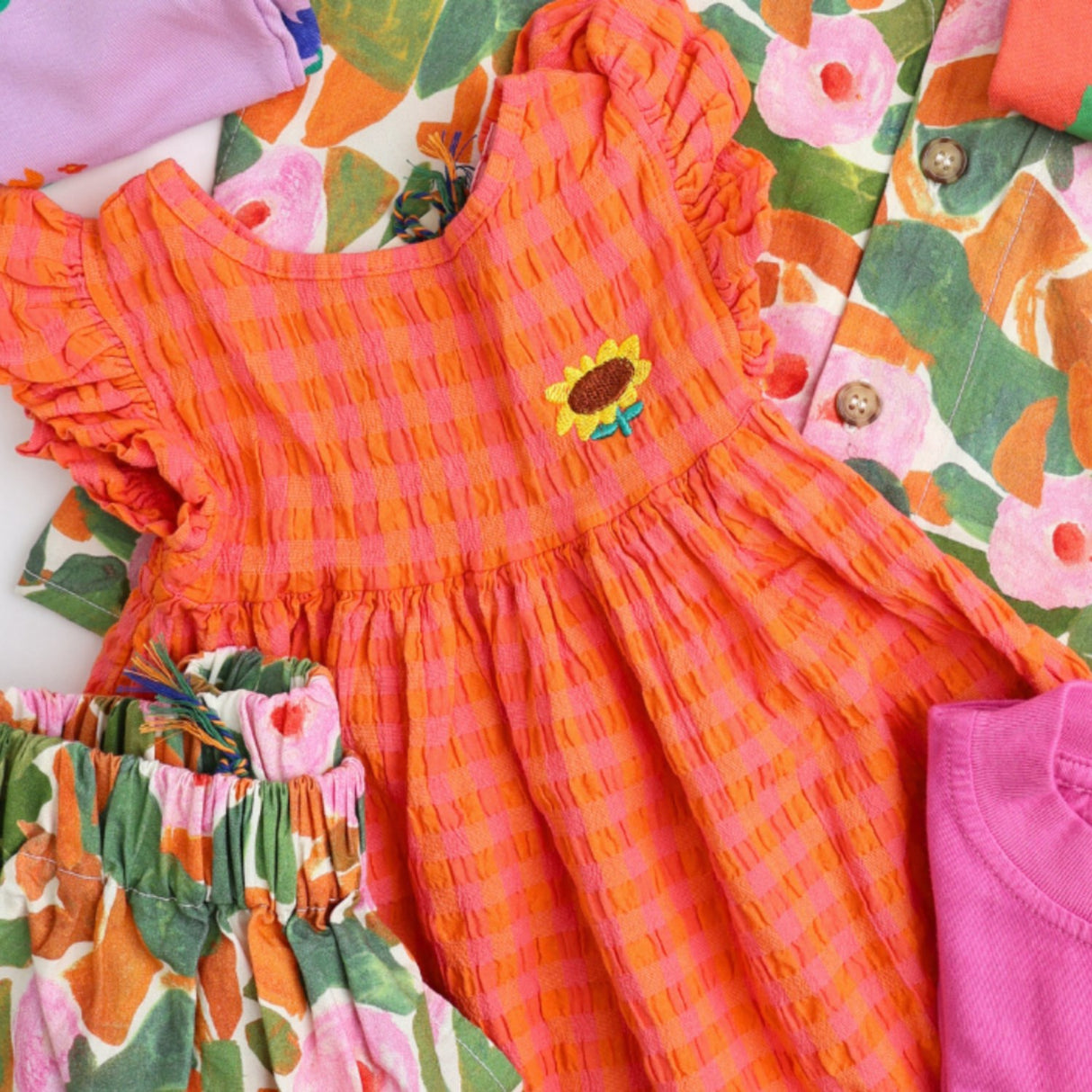 Bobo Choses Coral Pink Vichy Woven Kjole