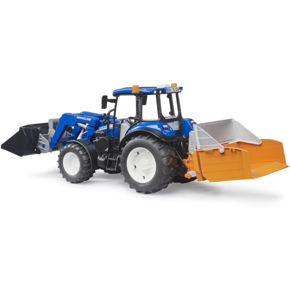 Bruder New Holland T5.120 Med Slip-On Frontlæsser, Tømningskasse Og Gafler.