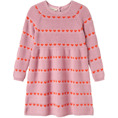 MarMar Light Cotton Wool Pattern Soft Berry Hearts Daso Strikk Kjole