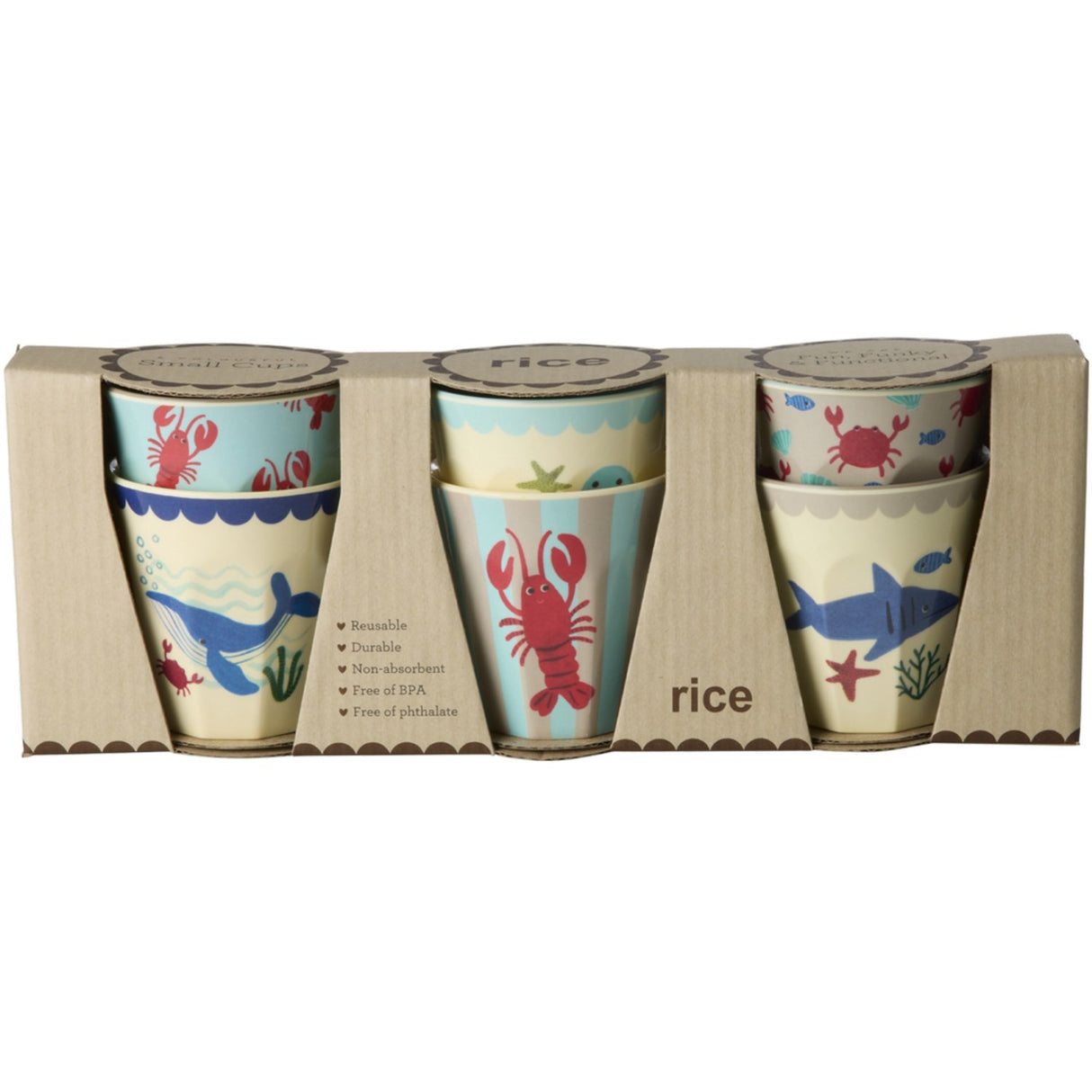 Rice Blue Ocean Print Melamine Cups Small 6 Pakke 160 Ml