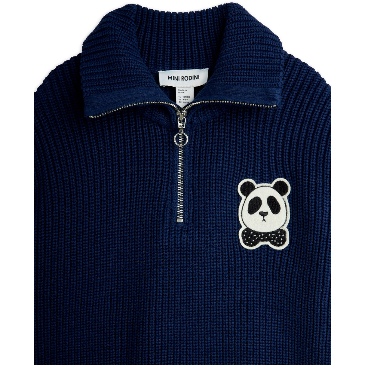 Mini Rodini Blue Panda Patch Chunky Strikk Half Zip Sweater