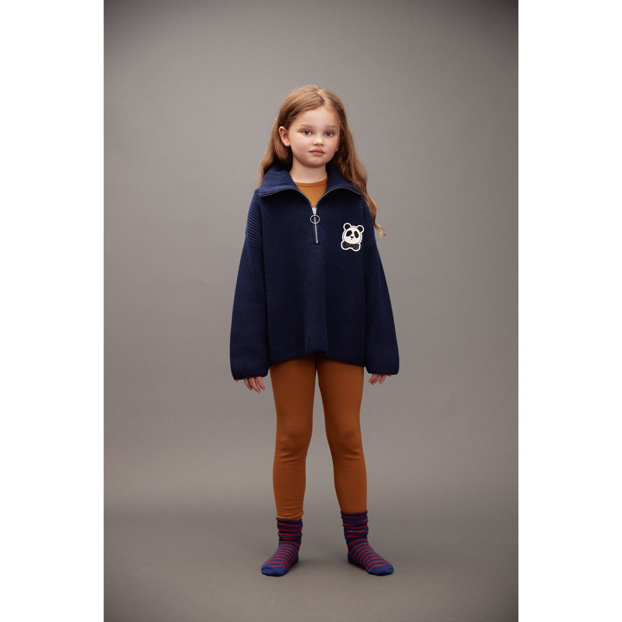 Mini Rodini Blue Panda Patch Chunky Strikk Half Zip Sweater