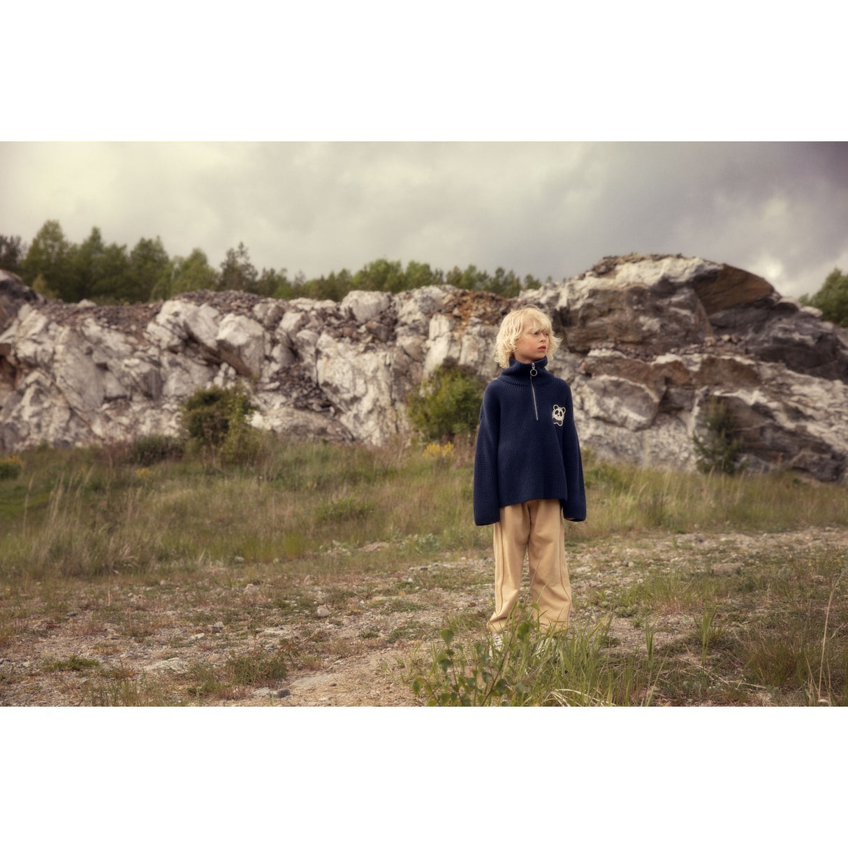 Mini Rodini Blue Panda Patch Chunky Strikk Half Zip Sweater