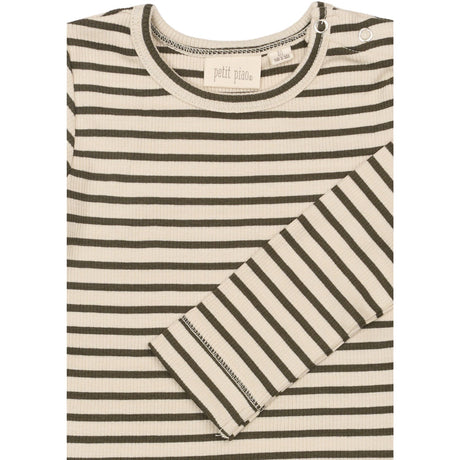 Petit Piao Green Leaf/off White T-shirt L/S Modal Striped