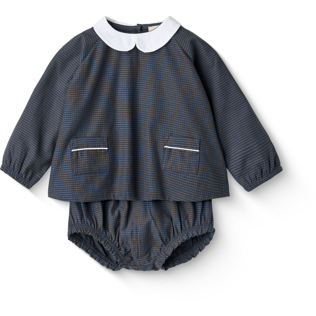 COPENHAGEN COLORS Brown/Blue Check Comb. Checkered Baby-Set W. Bluse Og Bloomer