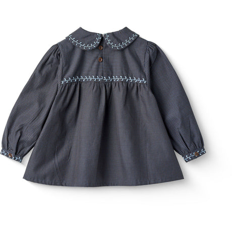 COPENHAGEN COLORS Brown/Blue Check Comb. Checkered Bluse W. Halsbånd Og Embroidery