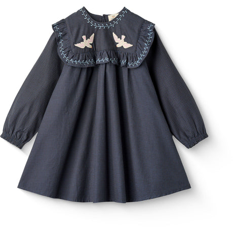 COPENHAGEN COLORS Brown/Blue Check Comb. Checkered Kjole W. Embroidery Og Ruffle