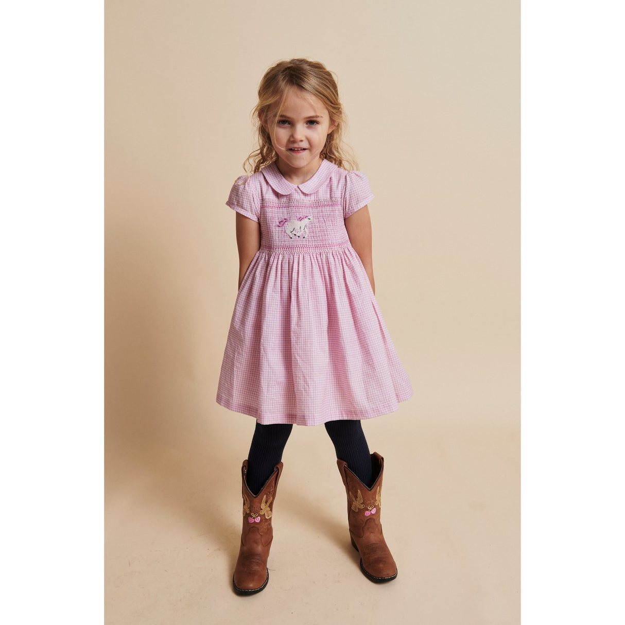 COPENHAGEN COLORS Syringa Comb. Houndstooth Kjole W. Handmade Unicorn Embroidery Og Smock