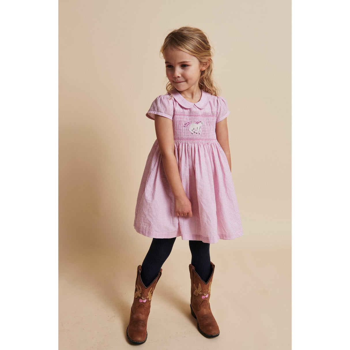 COPENHAGEN COLORS Syringa Comb. Houndstooth Kjole W. Handmade Unicorn Embroidery Og Smock