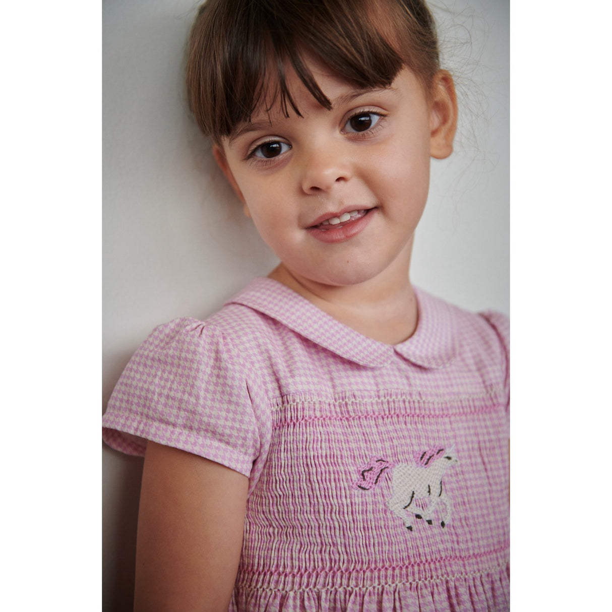 COPENHAGEN COLORS Syringa Comb. Houndstooth Kjole W. Handmade Unicorn Embroidery Og Smock