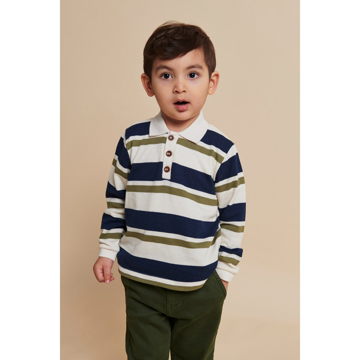 COPENHAGEN COLORS Green Combi Striped Pique Polo Bluse