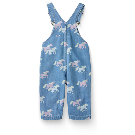 COPENHAGEN COLORS Indigo Blue Washed W Unicorn Organic Denim Baby Overalls W. Unicorn Print