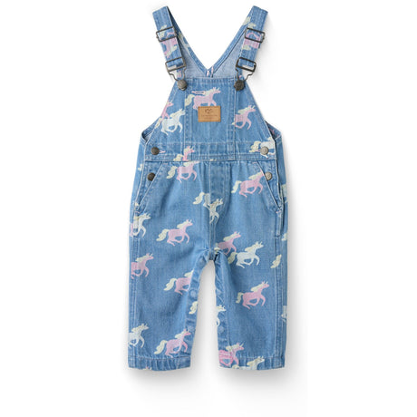 COPENHAGEN COLORS Indigo Blue Washed W Unicorn Organic Denim Baby Overalls W. Unicorn Print