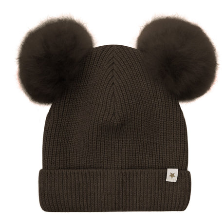 Huttelihut Dark Brown Melange Lue Strikk Alpaca Pompoms