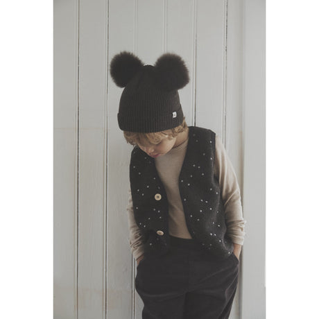 Huttelihut Dark Brown Melange Lue Strikk Alpaca Pompoms