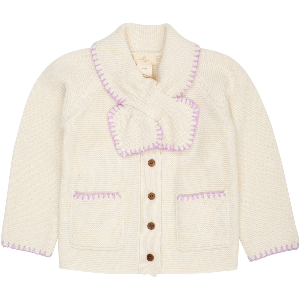 COPENHAGEN COLORS Cream/Lavender Comb Lambswool Cardigan W. Halsbånd