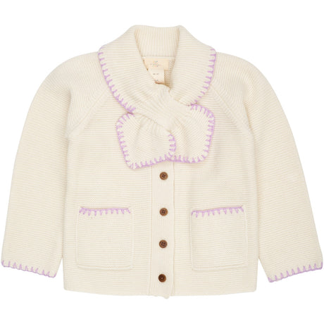 COPENHAGEN COLORS Cream/Lavender Comb Lambswool Cardigan W. Halsbånd