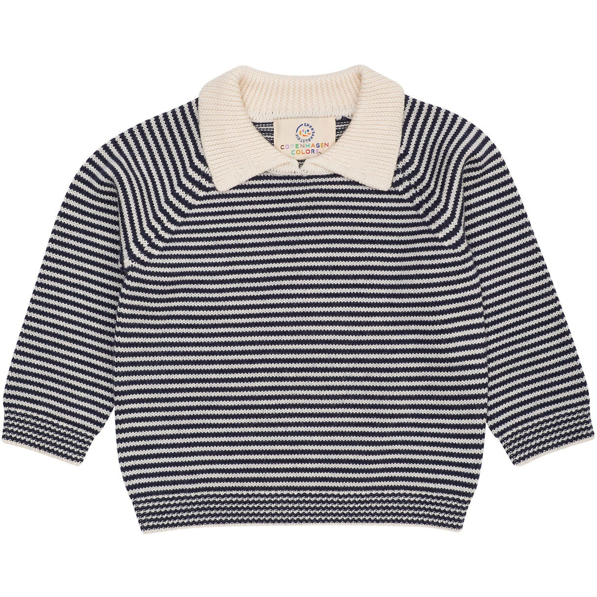 COPENHAGEN COLORS Cream/Navy Stripe Merino Striped Bluse W. Halsbånd