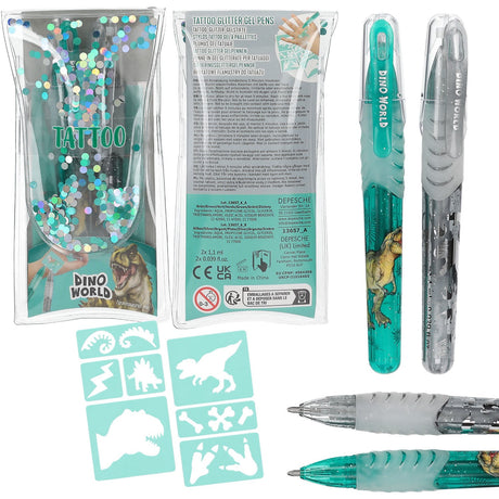 Dino World Blue/Silver Tatoo Glitter Gel Pens