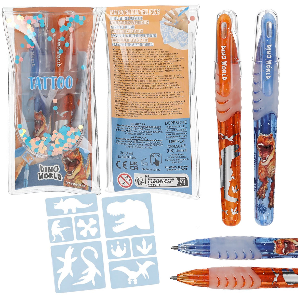 Dino World Orange/Blue Tatoo Glitter Gel Pens
