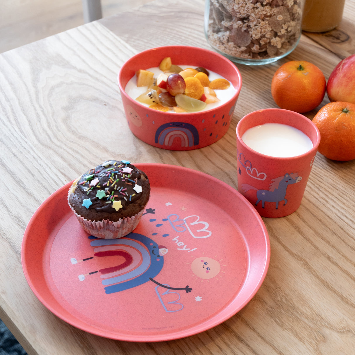 Koziol Organic Coral Red Small Tallerken + Skål + Kopp Connect Dreams