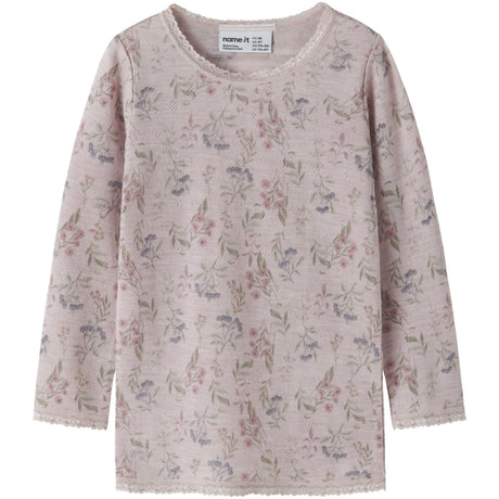 Name It Violet Ice Flowers + Leafs Nmfwang Ull Needle Ls Topp Noos