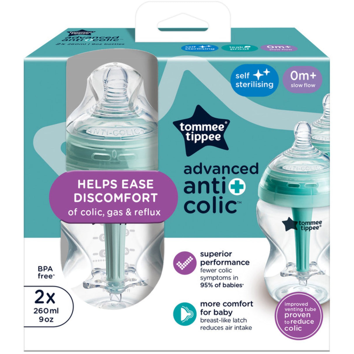 Tommee Tippee Anti-Kolikk Baby Flaske M/ Varmeindikator 2X 260ml