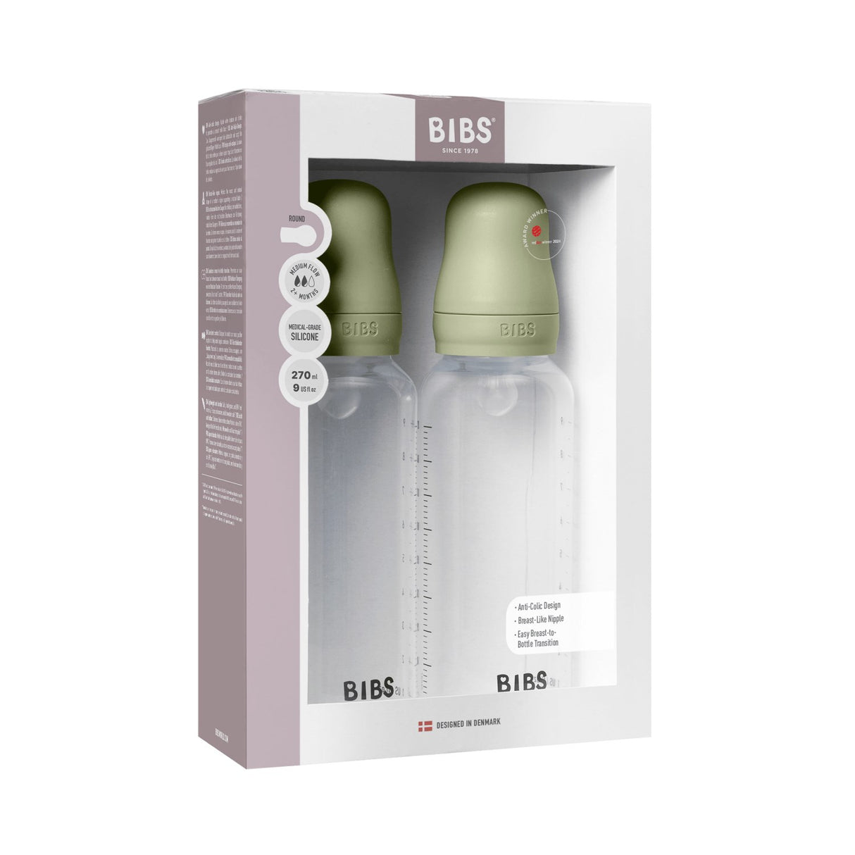 Bibs Sage Baby Flaske Round Silikon 2-Pakning 270 Ml Medium Flow