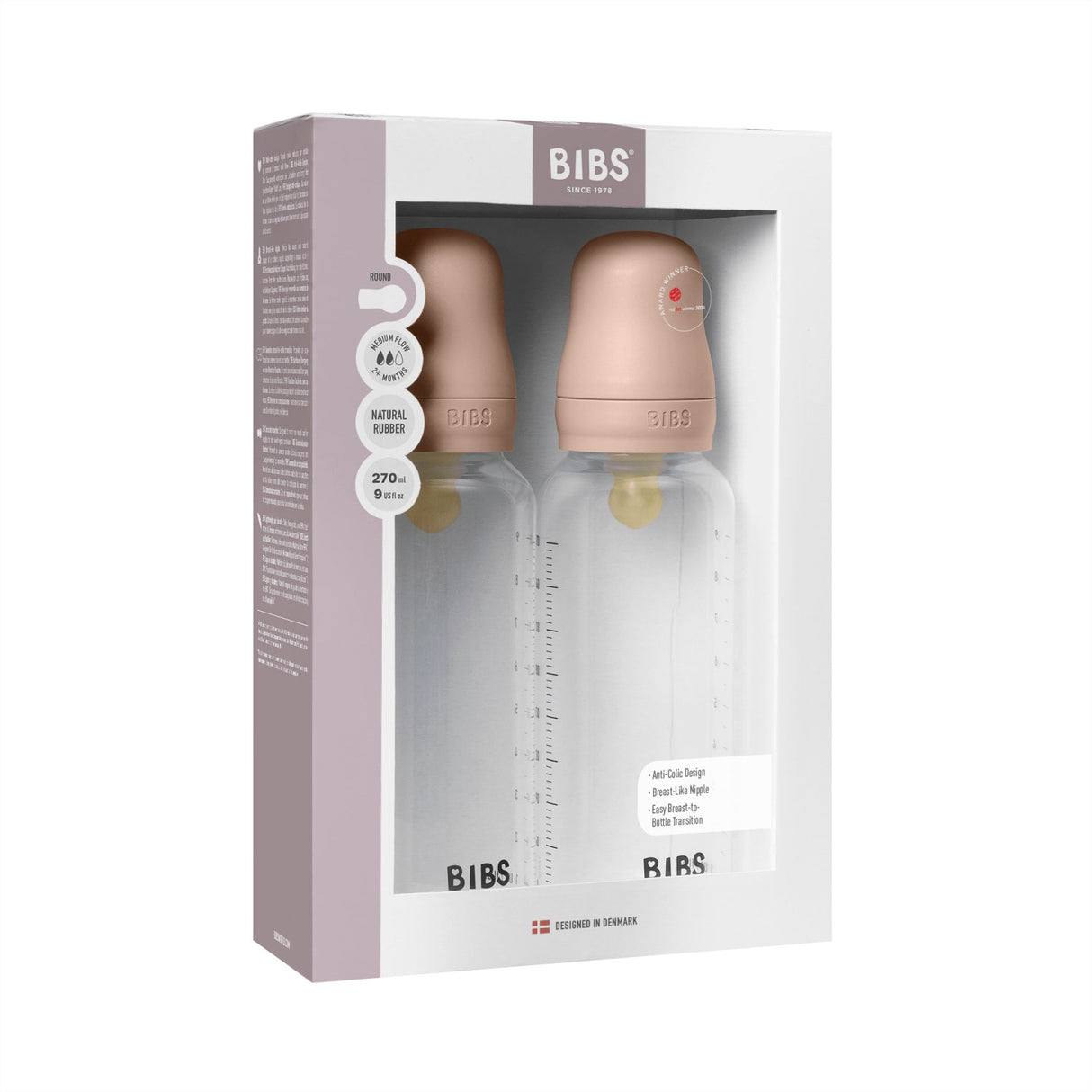 Bibs Blush Baby Flaske Round Latex 2-Pakning 270 Ml Medium Flow
