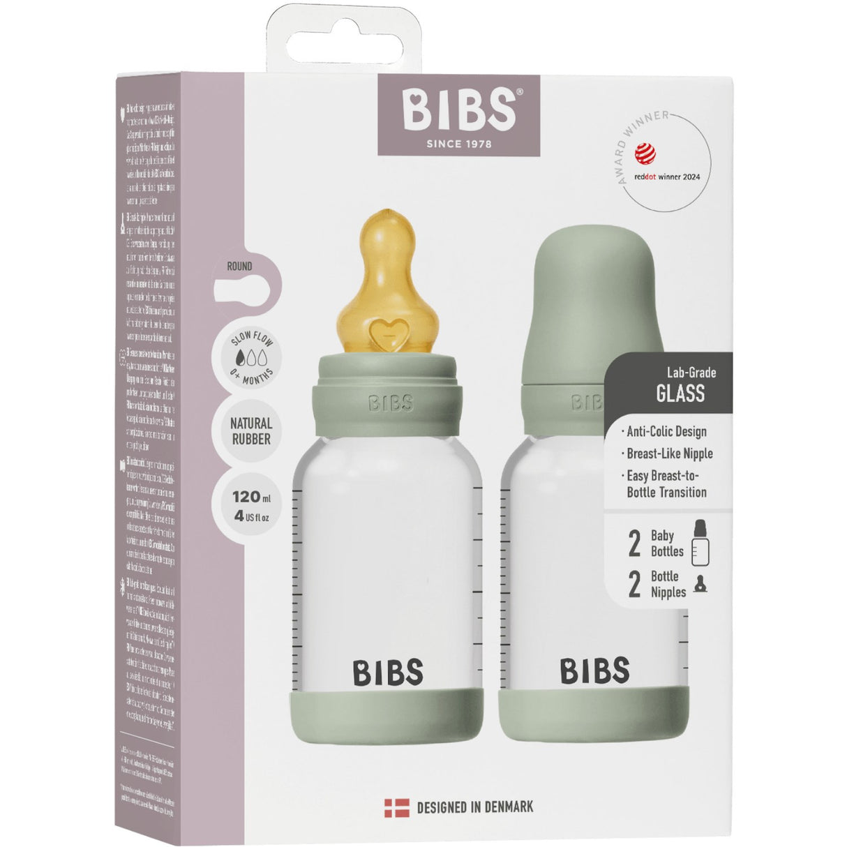 Bibs Sage Glass Baby Flaske Round Latex 2-Pakning 120 Ml Slow Flow