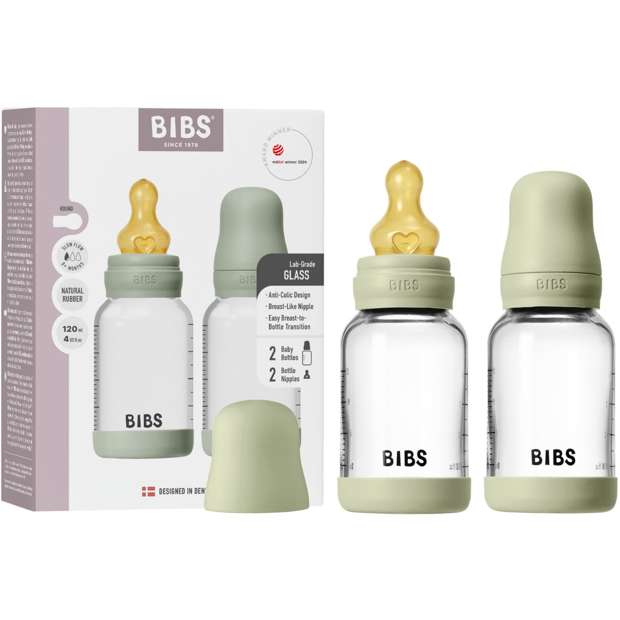 Bibs Sage Glass Baby Flaske Round Latex 2-Pakning 120 Ml Slow Flow