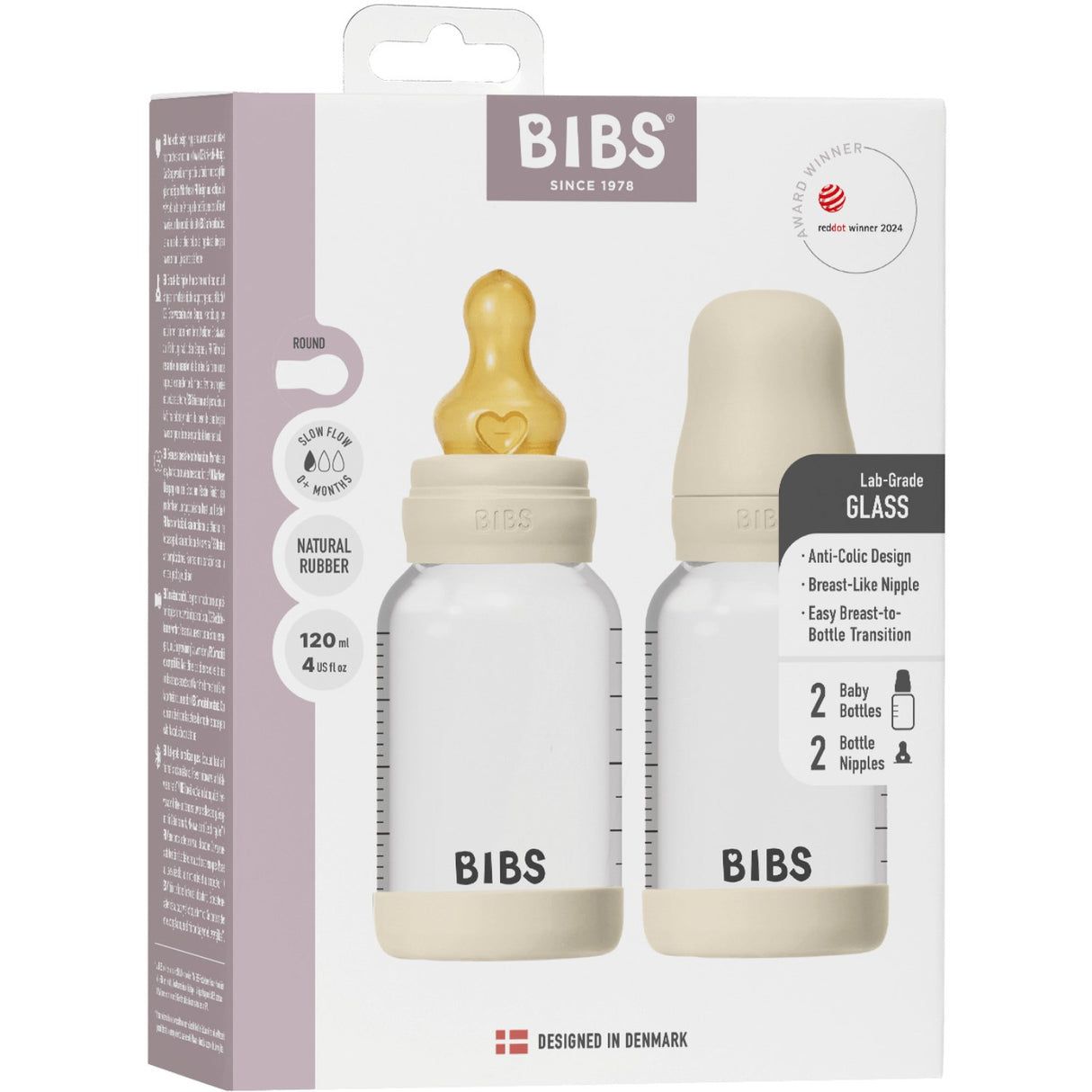 Bibs Ivory Glass Baby Flaske Round Latex 2-Pakning 120 Ml Slow Flow