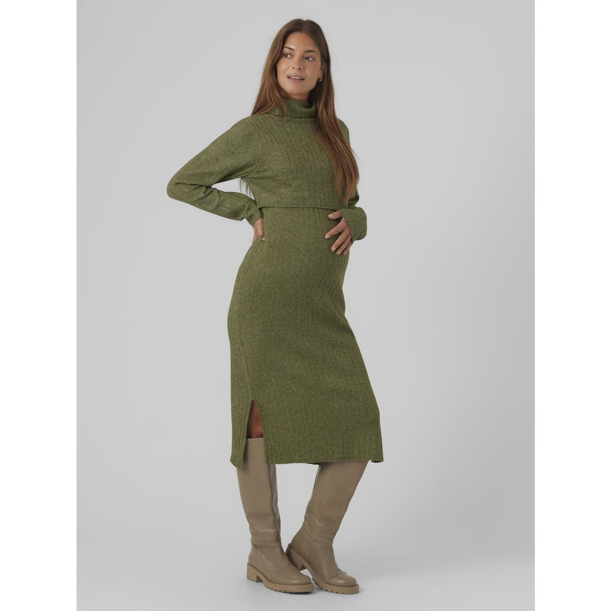 Mama;licious Winter Moss Melange Mlsuniva June Ls Strikk Midi Kjole 2F Noos