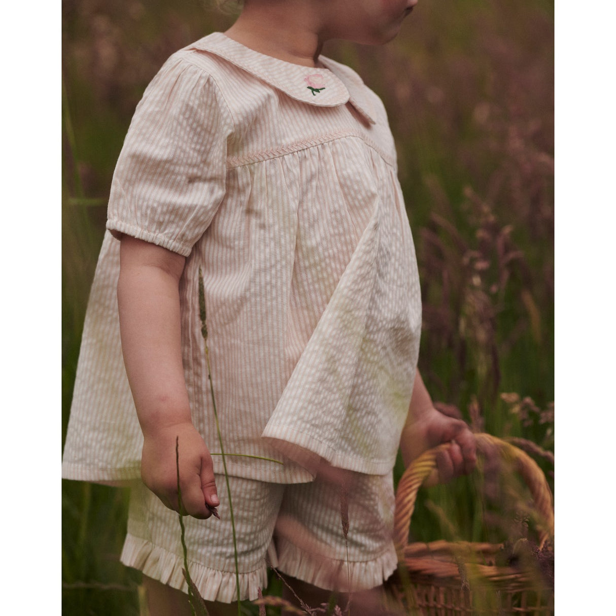 COPENHAGEN COLORS Dusty Rose W Cream Stripe Seersucker Bluse W. Halsbånd