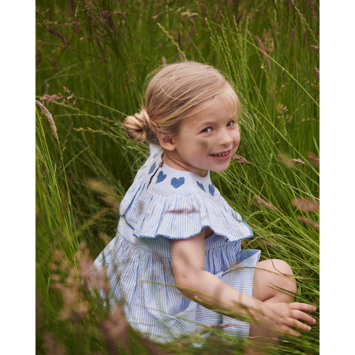 COPENHAGEN COLORS Sky Blue W Cream Stripe W Ocean Blue Seersucker Kjole W. Heart